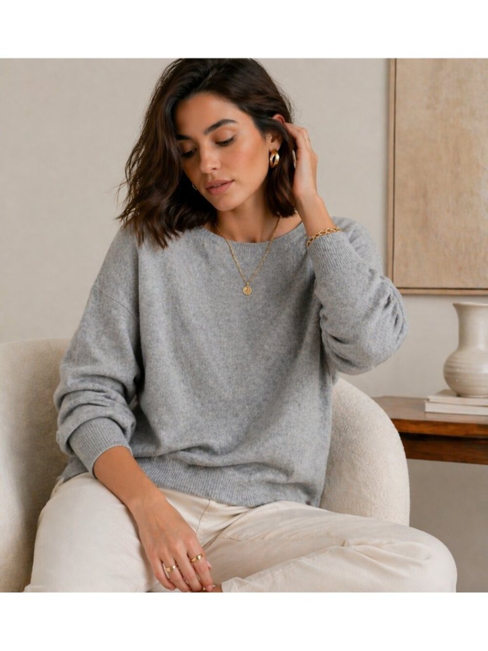 Le Kasha 100% Cashmere Sweater Gray M Women Crewneck Luxury Soft Knit Pullover